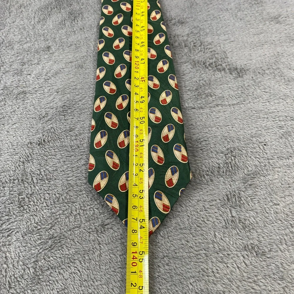 Vintage Polo Ralph Lauren Tie Mens OS Green Red Silk Oval Geometric USA Handmade